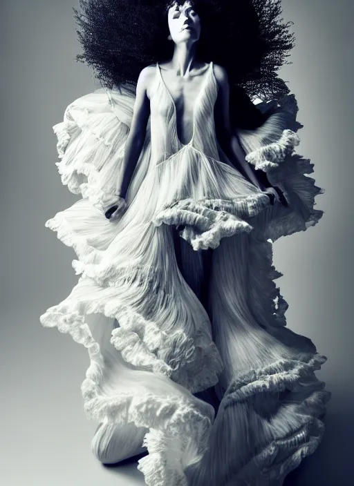 Prompt: a full body portrait of a woman by justin ridler wearing an intricate billowing dress, face in the style of irakli nadar
