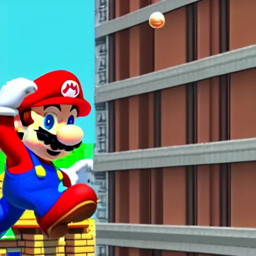 Image similar to super mario bros jumps from tall building