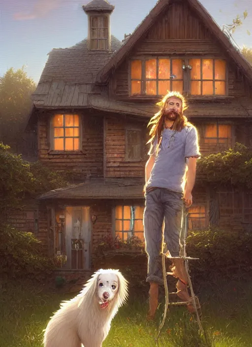 Image similar to highly detailed portrait of long - haired hillbilly in front of old style house, with his fluffy australian shepherd, blonde hair, stephen bliss, art by greg rutkowski, loish, rhads, ferdinand knab, makoto shinkai and lois van baarle, artgerm, pixar, ilya kuvshinov, rossdraws, tom bagshaw, global illumination