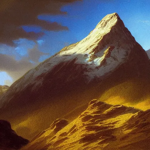 Prompt: painting of a mountain by artgerm and by albert bierstadt