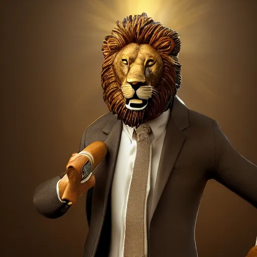 Image similar to a lion smoking a cigar wearing a suit, subject= lion, subject detail: wearing a suit, subject action: smoking a cigar, dramatic lighting, cinematic lighting, establishing shot, photorealistic, high details, cinematic, 8k resolution, extremly detailed, photorealistic, artstation, unreal engine