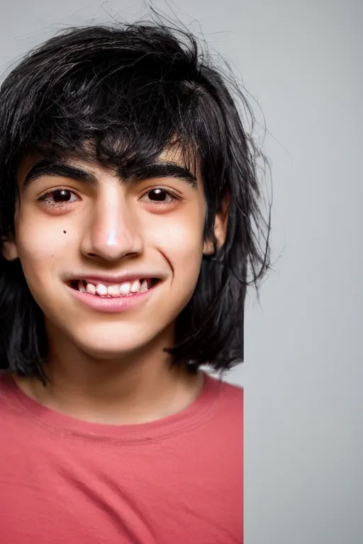 Prompt: close up headshot of an androgynous Hispanic teen with medium length slightly wavy black hair a wide smile brown eyes a small nose tidy plucked eyebrows dark brown eyes and a diamond shaped face, high resolution film still, 8k, HDR color, gazing dark brown eyes, high cheek bones, trimmed eyebrows