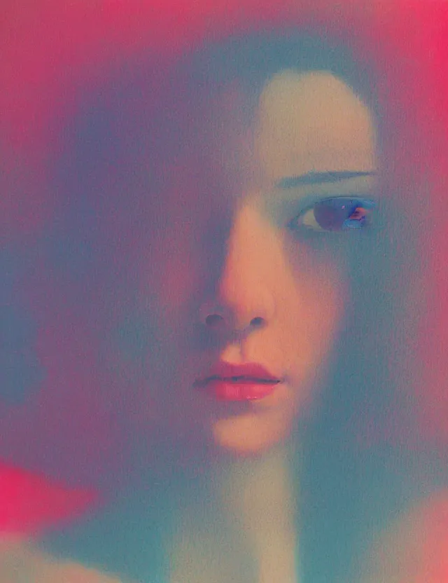 Image similar to face of woman in a tv screen, blue rays from tv, redshift, wide shot, coloured polaroid photograph, pastel, kodak film, hyper real, stunning moody cinematography, by maripol, fallen angels by wong kar - wai, style of suspiria and neon demon, david hockney, detailed, oil on canvas