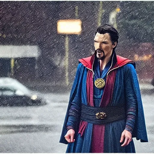 Prompt: doctor strange waiting for the bus during a rainy day, award winning candid photography