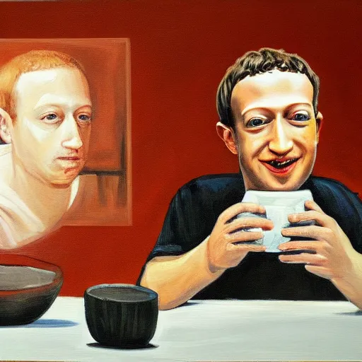 Prompt: a painting of mark zuckerberg eating dinner with the illuminati, realistic, oil painting.