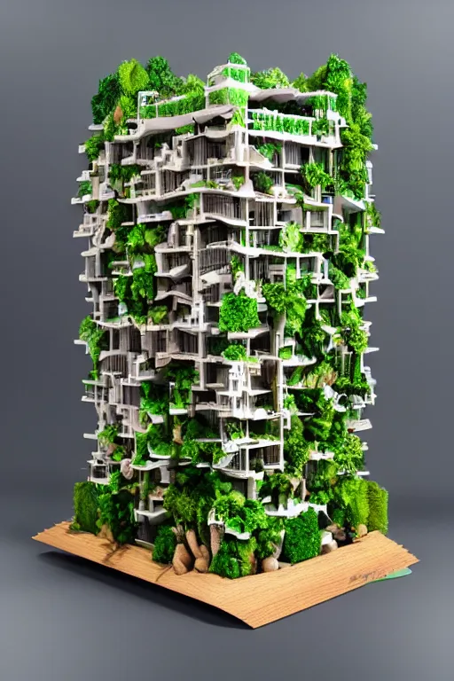 Prompt: 3 d printed physical model organic flowy including more than one city into one vertical building model that sits on a table in a room with a view back, multiple stories, transparent, with vegetation, colorful, wooden material, section cut, eye - level view, 8 0 k, octane render, highly detailed 3 d render,