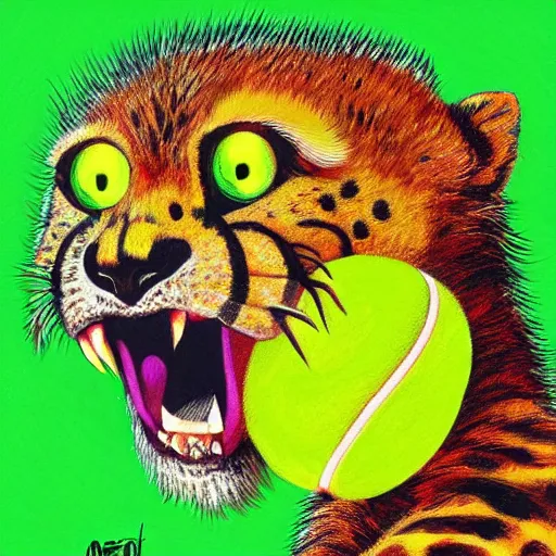 Image similar to a tennis ball monsters ,cheetah, colorful, digital art, fantasy, magic, trending on artstation, ultra detailed, professional illustration by Basil Gogos