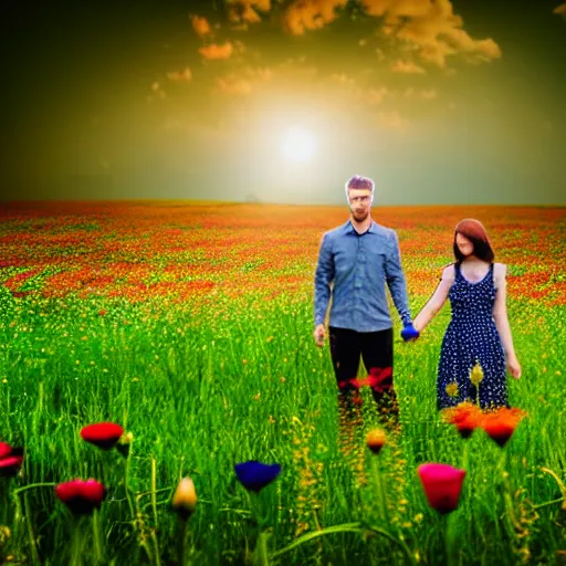 Image similar to a couple holding hands in a field of flowers, symmetrical face, beautiful, vfx, photo realistic, 8 k, aesthetic