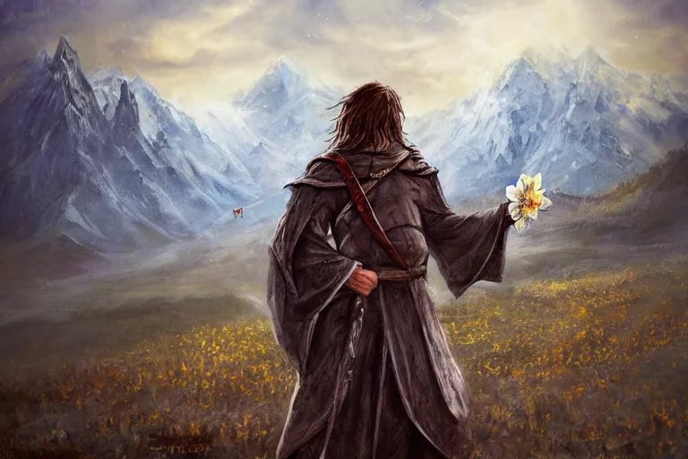 Image similar to concept art, mood painting, environment painting, gondor man holding white flower looking at flower large field autumn october snow capped mountains in background lord of the rings lotr. style of, ryan church, jon mccoy, george hull, painting