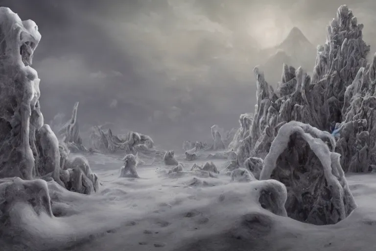 Image similar to a large crystal overgrowth sitting in the middle of a snow covered field, a matte painting by pascal blanche and salvador dali, featured on behance, new sculpture, matte painting, apocalypse art, apocalypse landscape