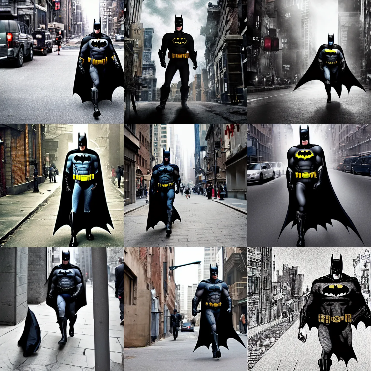 Prompt: batman walking around in gotham city streets