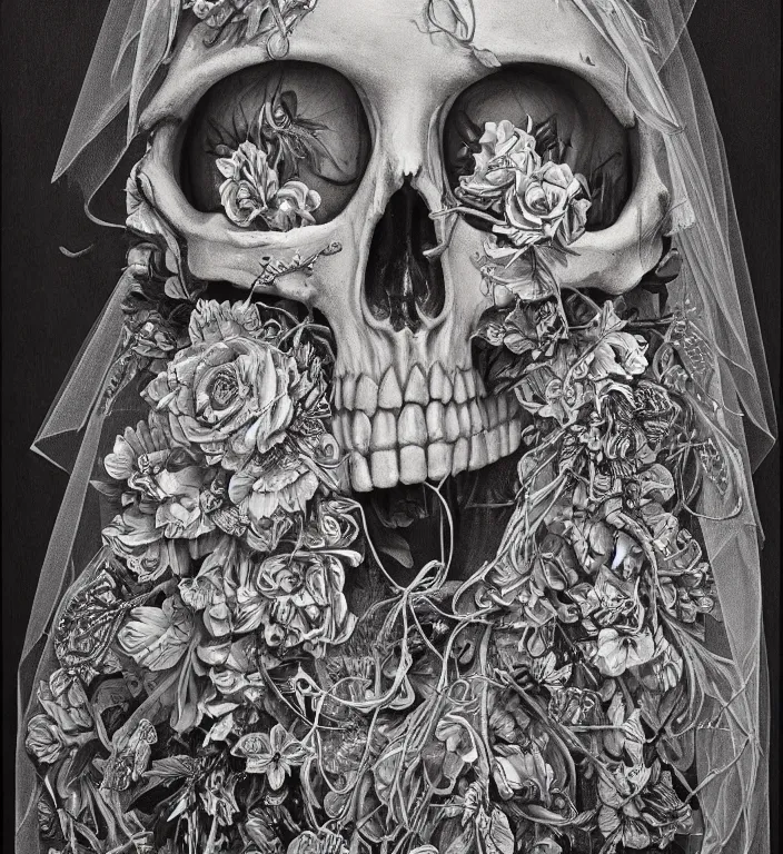 Prompt: portrait of a Bride's skeleton in veil with floral pattern by Laurie Lipton, high detailed, realistic,dark surrealism, hyper detailed, super intricate ornaments