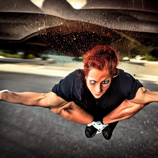 Prompt: car jumping, bodybuilder, woman, holding, photo, digital art, hands, underbody, tire, throw, standing