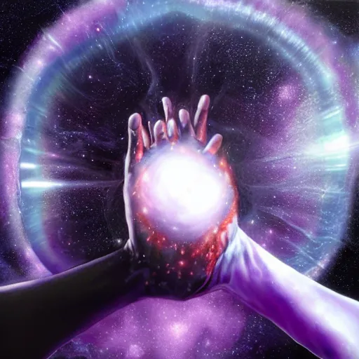 Prompt: detailed realistic painting of a man with well defined muscles made of purple space dust wielding a dark purple cosmic orb in each hand, planetary rings orbit his wrists and he has long flowing purple hair obscuring his face made of deep purple stardust, bright white lens flare peeking through his hair where his eye would be, staring at viewer