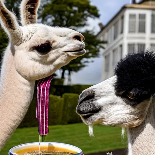 Prompt: a llama having tea with the queen, 8k, award winning photo