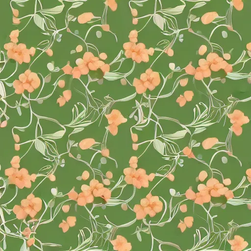 Image similar to repeating fabric pattern, minimalistic, miniature tiny peach color flowers, green vines and leaves