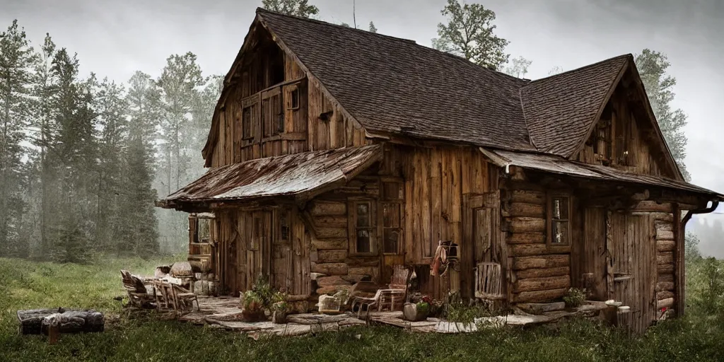 Prompt: rustic country cabin exterior by andreas franke