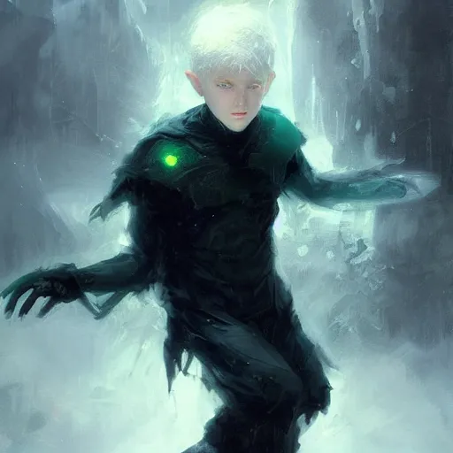 Image similar to a 14 year old teenage ghost boy with pale skin, white hair and glowing green eyes wearing a black spandex suit. White breath showing in the cold air. Masterpiece. Repin. Ruan Jia. By Greg Rutkowski