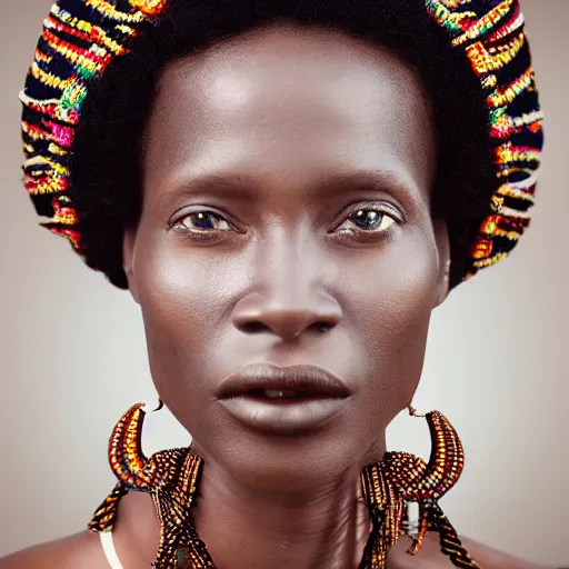 Image similar to vintage portrait of a stunningly beautiful west african tribal queen female, depth of field, zeiss lens, detailed, symmetrical, centered, fashion photoshoot, by edward s curtis, Annie Leibovitz and Steve McCurry, David Lazar, Jimmy Nelsson, Breathtaking, 8k resolution, extremely detailed, beautiful, establishing shot, artistic, hyperrealistic, beautiful face, octane render