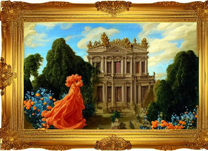 Image similar to a house with walls made out of cheeto's, flowers around the cheeto's, cherubs in the air, a painting in the baroque style, a painting in the rococo style, ornate golden frame