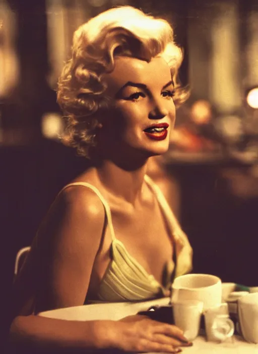 Image similar to A close-up, color cinema film still of a marlin monroe drinking coffee at a starbucks, ambient lighting at night.