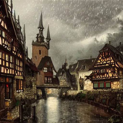 Image similar to dark fantasy, 17th century German city, dark stone, rain, river, hyper-detailed