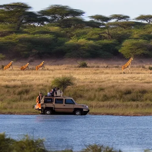 Image similar to a giraffe driving a safari car in south africa watching humans gathering in a giant river