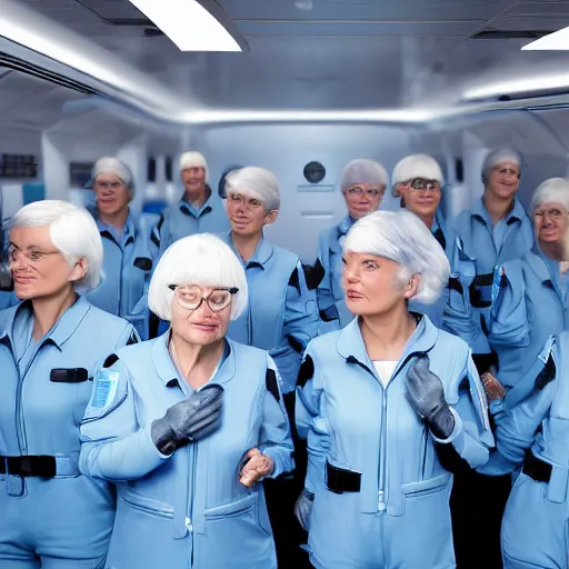 Image similar to troop of grannies with white bob hairdos, tight light blue neopren pilot suits, futuristic cloning facility, sci - fi, highly detailed, cinematic