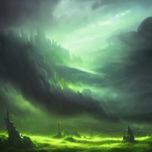 Image similar to roiling green fog clouds, artstation fantasy landscapes