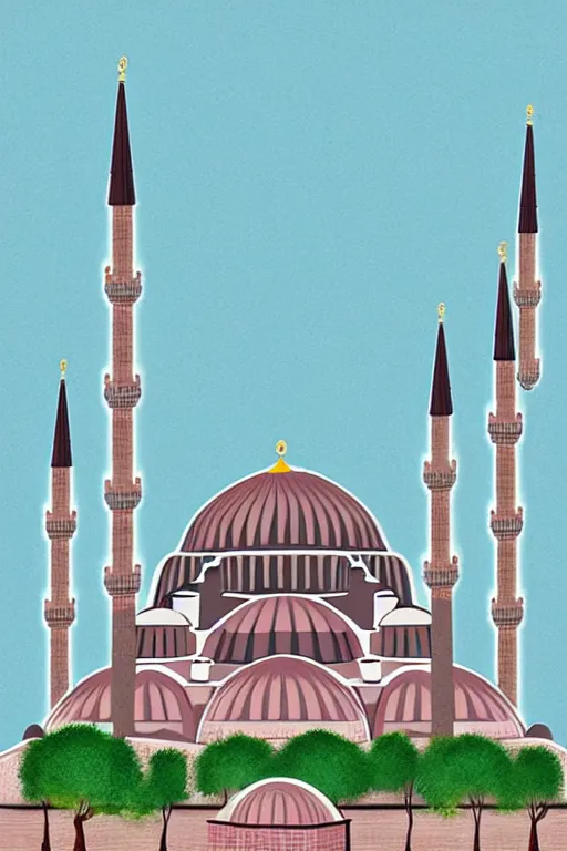 Prompt: mosque in istanbul, illustration, in the style of katinka reinke