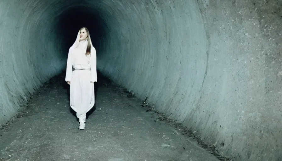 Image similar to portrait of a white female phantom an empty soviet tunnel, cinestill 800t 35mm, heavy grain, high quality, liminal space style