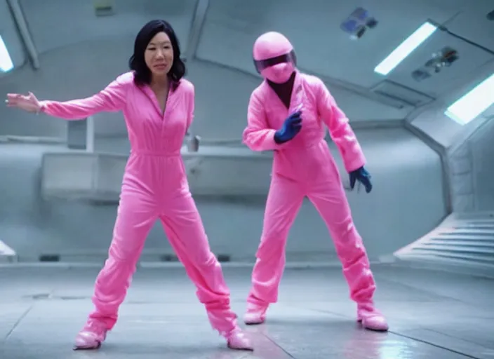 Image similar to film still of amy wong in a pink jumpsuit in the new scifi movie, 4 k