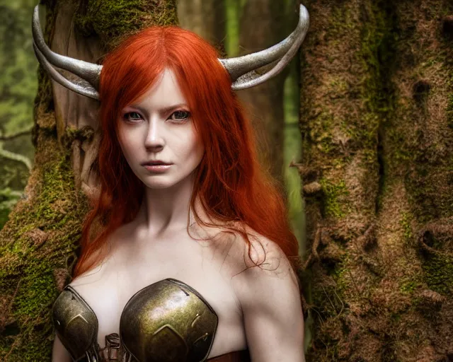 Image similar to 5 5 mm portrait photo of an armored redhead woman warrior, and horns growing from her head, in a magical forest. by luis royo. highly detailed 8 k. intricate. lifelike. soft light. nikon d 8 5 0. cinematic post - processing