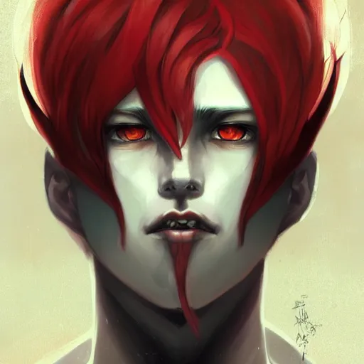 Prompt: headshot portrait of male anime character extremely sharp jaws slit yellow eyes medium red hair by anato finnstark, tom bagshaw, brom