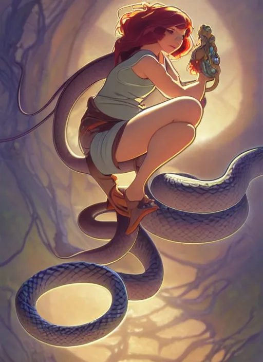 Prompt: cute snake trading card design, natural lighting, path traced, highly detailed, high quality, digital painting, by don bluth and ross tran and studio ghibli and alphonse mucha, artgerm