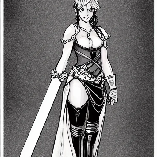 Prompt: a character sketch of a beautiful swordmaid, drawn with pencil, comic art, black and white,