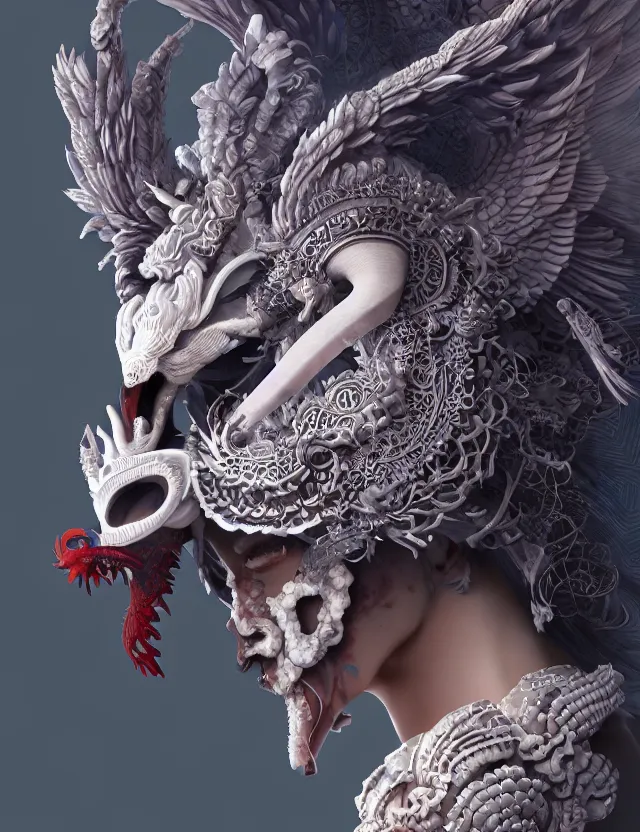 Image similar to 3 d goddess of hell close - up profile portrait with ram skull. beautiful intricately detailed japanese crow kitsune mask and clasical japanese kimono. betta fish, jellyfish phoenix, bio luminescent, plasma, ice, water, wind, creature, artwork by tooth wu and wlop and beeple and greg rutkowski