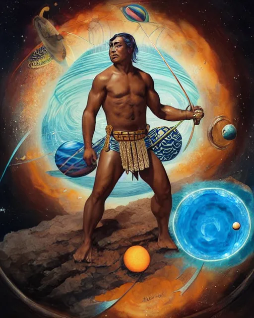 Image similar to duke kahanamoku as a hawaiian warrior surrounded by intergalactic planets connected by streams of multiversal flow, sigma male, gigachad, visually stunning, luxurious, by wlop, james jean, jakub rebelka, tran nguyen, peter mohrbacher, yoann lossel