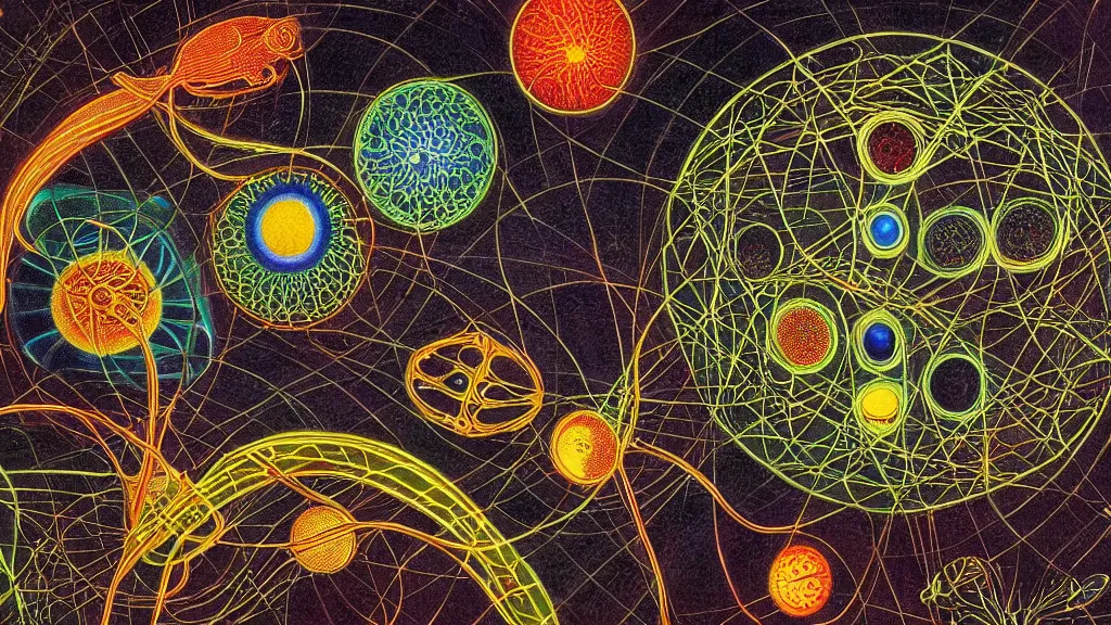 Prompt: quantum connections represented as symbiotic organisms like cells playing around with colorful lights by ernst haeckel, connectivity, sharp, futuristic, magnetic