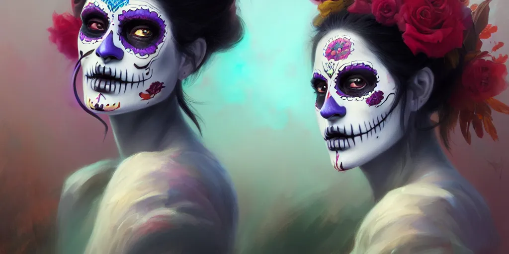 Image similar to portrait of dia de muertos, extremely detailed digital painting, in the style of fenghua zhong and ruan jia and jeremy lipking and peter mohrbacher, mystical colors, rim light, beautiful lighting, 8 k, stunning scene, raytracing, octane, trending on artstation