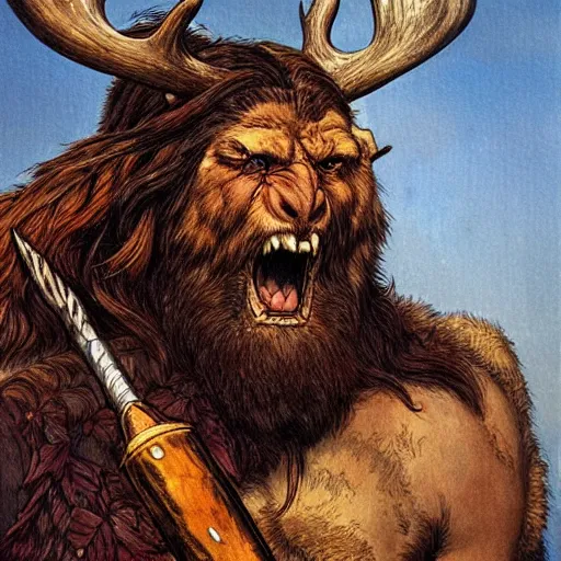 Image similar to hairy barbarian with moose head by wlop and franklin booth