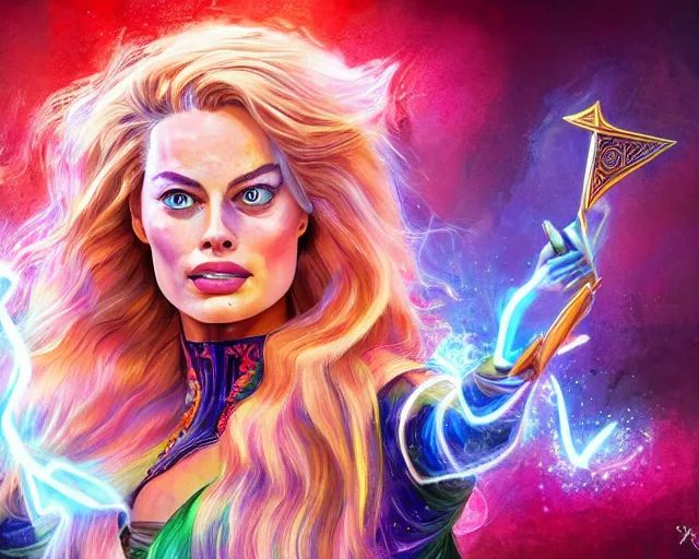 Image similar to margot robbie as a beautiful magician casting colorful spells, fantasy art, in the style of JAMES MCCARTHY, illustration, epic art, fantasy, intricate, elgant, amazing detail, digital painting, artstation, concept art, smooth, sharp focus