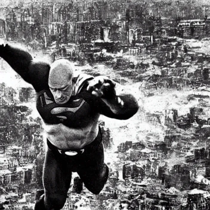 Prompt: “Close-up of very old and tired and bald and sad Superman flying over destroyed city. Newspaper photo.”