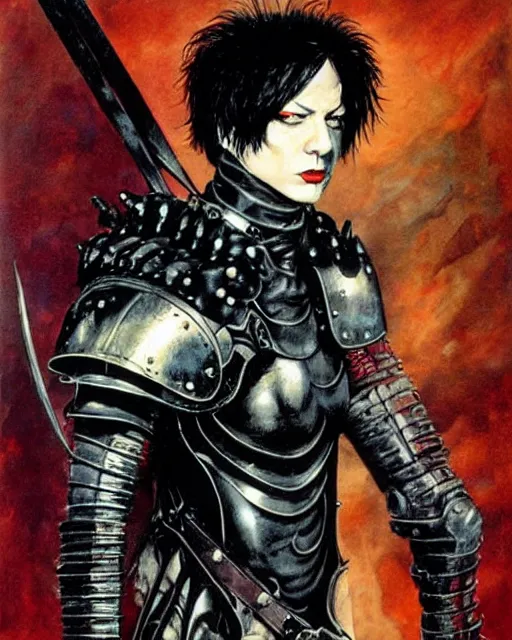 Image similar to portrait of a skinny goth punk keany reeves wearing armor by simon bisley, john blance, frank frazetta