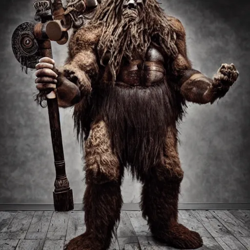 Prompt: photography of a giant hairy beast full body warrior with a ram head holding a wooden staff raised, toned muscles, intricate face details, steampunk vibes