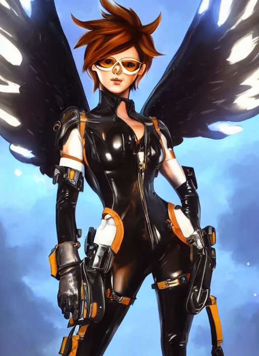 Prompt: full body artwork of tracer overwatch, wearing black latex outfit, in style of mark arian, angel wings, dramatic painting, wearing detailed leather collar, black shiny armor, chains, black harness, detailed face and eyes,