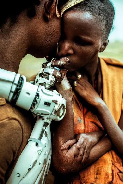 Image similar to a spectacular wideangle detailed closeup colorchrome portrait photo, of a white robot kissing a african woman, beautiful low light , style Steve McCurry