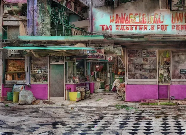 Image similar to time and war have destroyed any recognizable features of this forgotten shrine of easily - accessible food. pastel - colored plastics litter the building, and the skitter of creatures that are new to this world can be heard in the shadows of the restaurant by inceoglu ismail