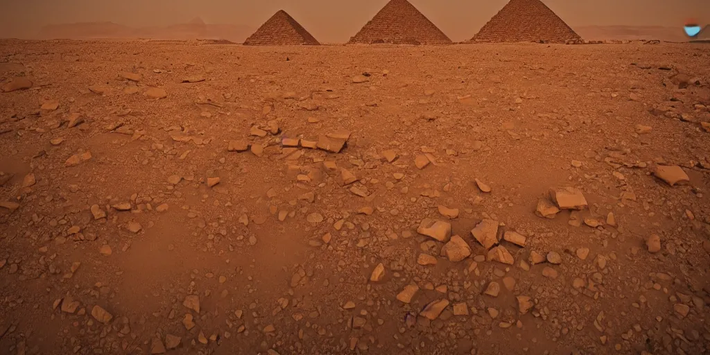 Image similar to pyramids on martian landscape, stunning architecture, wide angle lens, dramatic lighting,