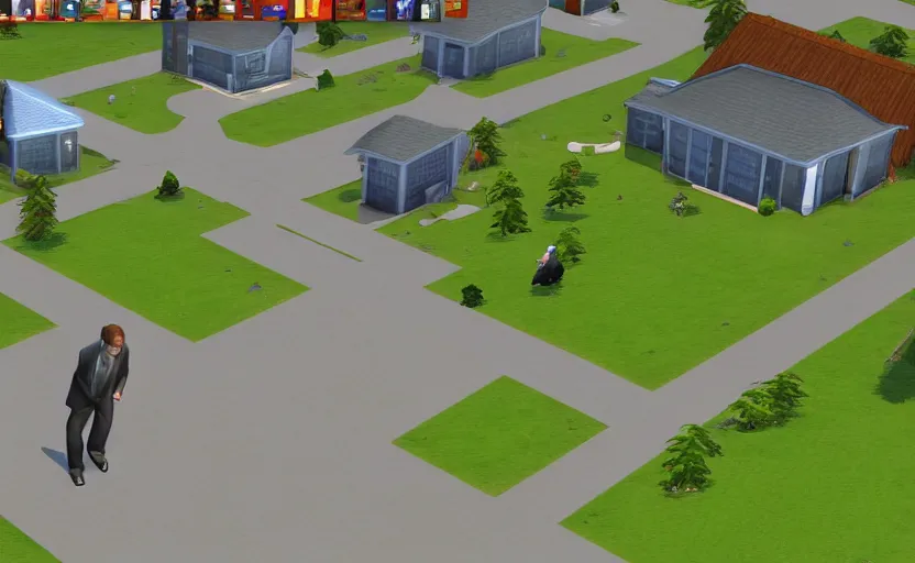 Image similar to bill gates pissing his pants in the sims 2, pc screenshot, zoomed out top down view